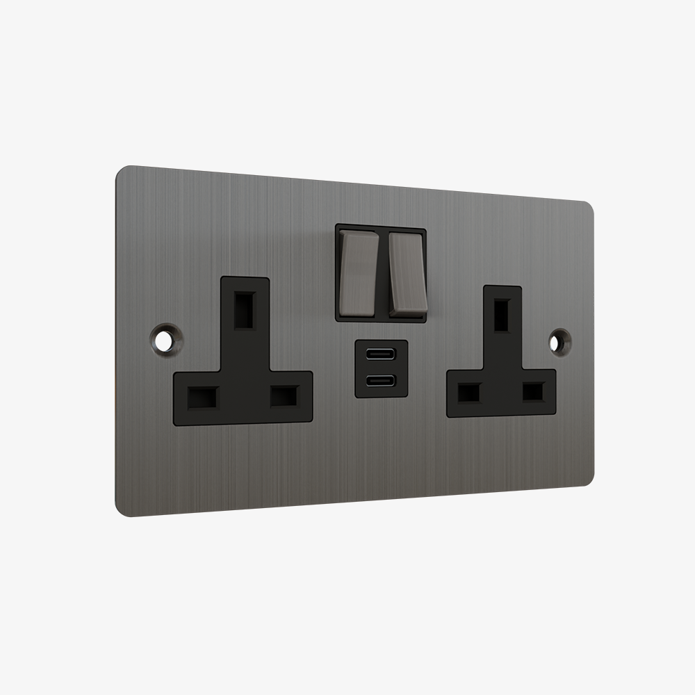 Double Socket with Double Type C-Brushed Brass-Stainless Steel