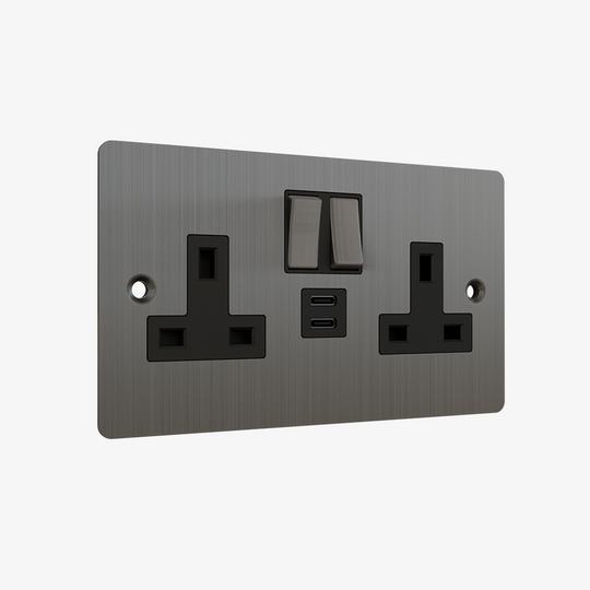 Double Socket with Dual USB-C – Brushed Stainless Steel