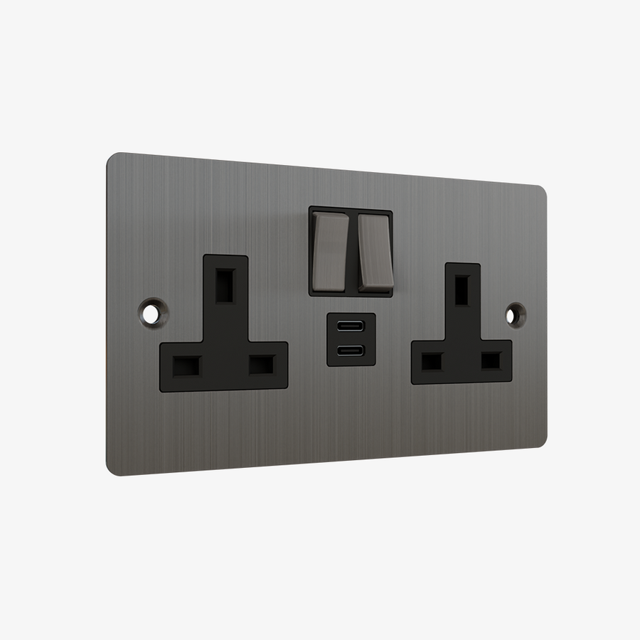 Double Socket with Dual USB-C – Brushed Stainless Steel